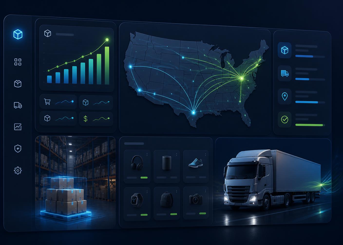 Fast TrendoTrack warehouse dashboard showing US shipping routes, live order analytics, and same-day fulfillment